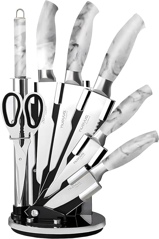 Nuovva 8pcs White Marble Knife Set - Stainless Steel Knives, Spinning Block, Sharp Cooking Knives