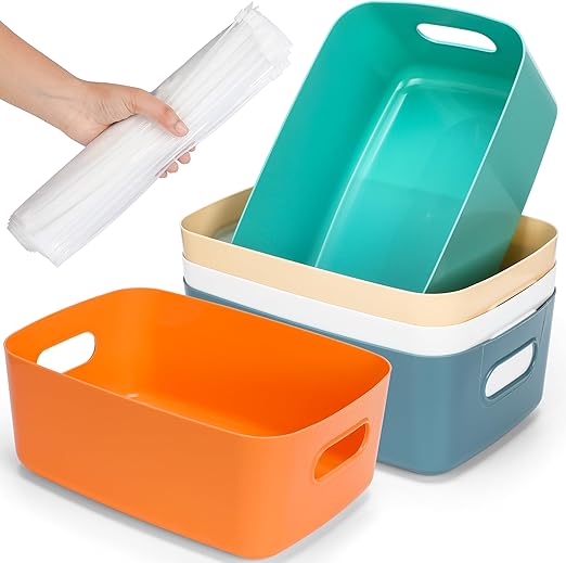 BINTIZ 5-Pack Colored Plastic Storage Baskets with Bonus Bags - Durable for Home & Office