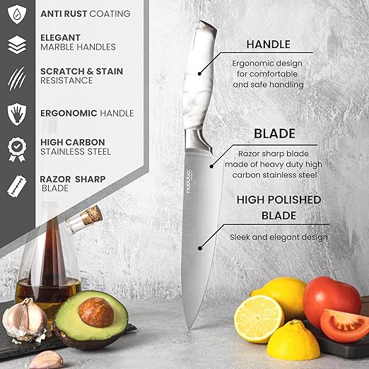 Nuovva 8pcs White Marble Knife Set - Stainless Steel Knives, Spinning Block, Sharp Cooking Knives