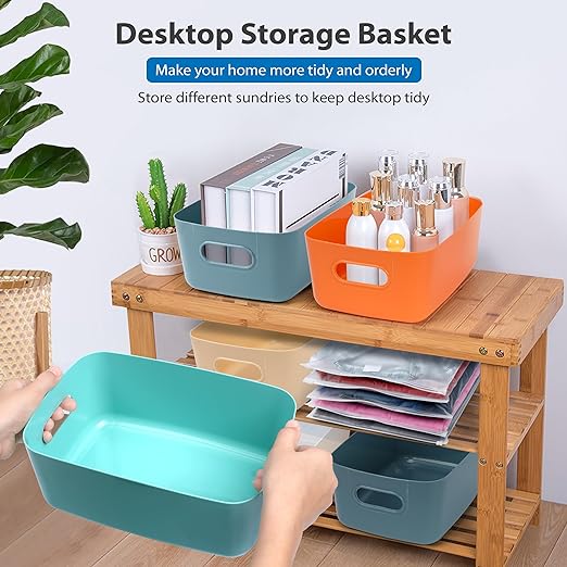 BINTIZ 5-Pack Colored Plastic Storage Baskets with Bonus Bags - Durable for Home & Office